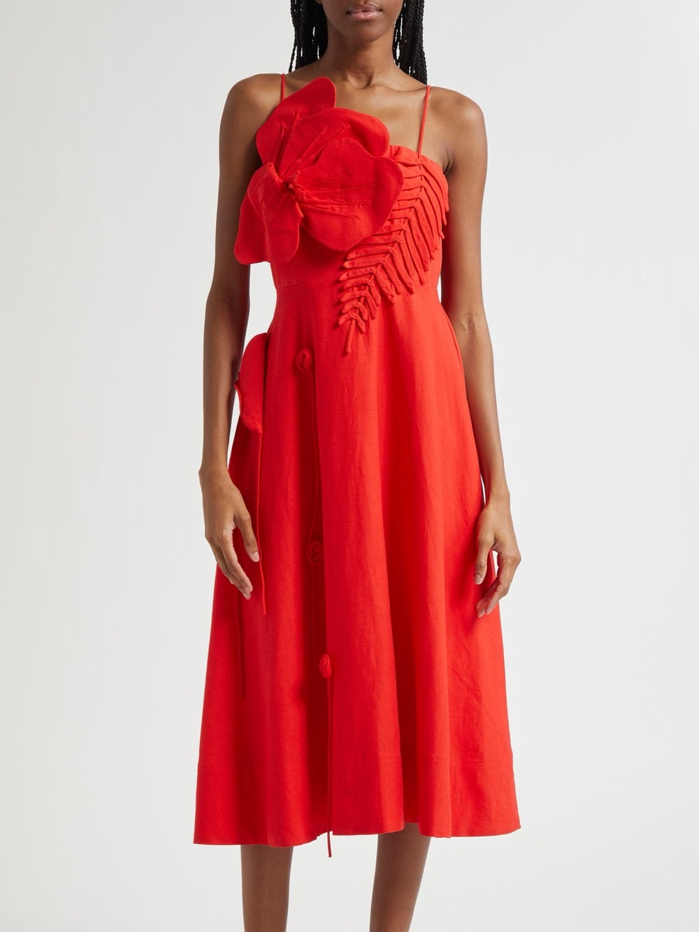 FARM Rio Red Garden Linen Blend Cocktail Midi Dress Medium